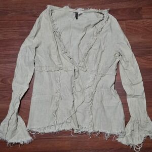 Y2K H&M Boho Babydoll Open Tie Top L Feminine Romantic Linen Ruffle Fringe